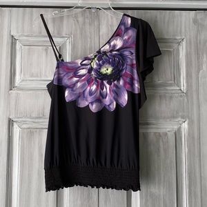 Black One Shoulder Top with Purple Flower and Elastic Waist Band. Size M